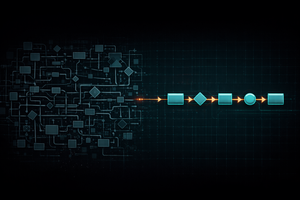 Tangled process flowchart simplifying into a clean linear flow, representing strategic business subtraction.